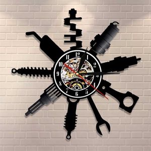 Auto Repair Shop Wall Sign Decorative Modern Clock Car Mechanic Service Workshop Vinyl Record Garage Repairman Gift 211130