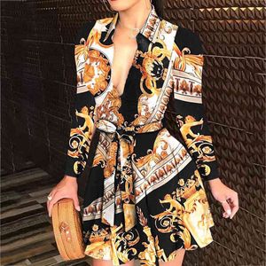 Vestidos elegantes para mulheres moda v-pescoço de manga comprida vestido de noite imprimir lace-up botons vestido casual roupas femininas 2021 y1204
