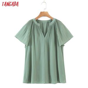 Tangada Frauen Retro Grüne Plissee Chiffon-Hemd Sommer Bluse Kurzarm Chic Weibliche Tops 8H40 210609