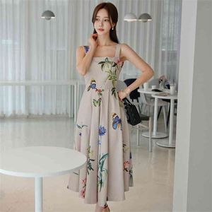 Retro klänning sommar koreanska damer ärmlös elegant tryck lösa långa party klänningar för kvinnor kläder 210602