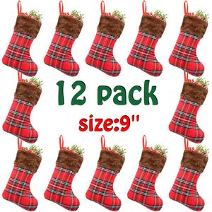 赤い黒の小さな格子縞の豪華なクリスマスストッキングソックスクリスマスツリーペンダントの装飾品キャンディギフト収納袋