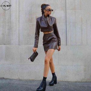 Autumn And Winter The Women lapel Single-breasted jacket High waist bag hip PU skirt casual suit Sexy Street Style dress 211119