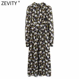 Zevity Women Vintage Stand Collar Flower Print Casual Slim Midi Dress Female Puff Sleeve Pleats Party A Line Vestido DS4670 210603