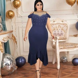 5XL 4XL Bodycon Party Dresses for Women Plus Size Navy Blue Off Shoulder Ruffles Irregular Beaded Mermaid Birthday Prom Robe 210527