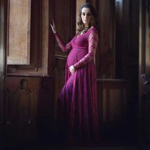 Women V Collar Long Dress Maternity Photography Props Lace Pregnancy Clothes Elegant Maternity Dresses for Pregnant Photo Shoot