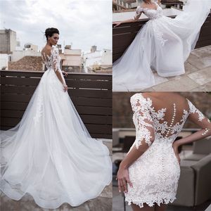 2021 Sexig Kortkant Landstrand Bröllopsklänningar med avtagbar kjol 2 i 1 Applikationer Lace Formell Bridal Gowns Billiga Plus Size Vestido