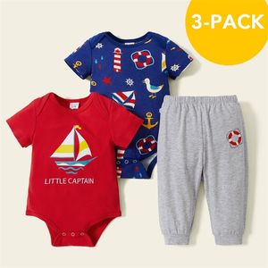 Ankunft Frühling und Herbst 3er-Pack Segelboot-Baby-Sets Baby-Kleidung kurze Strampler Hosen 210528