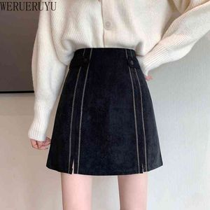 Werueruyu зимняя вельтура женские юбки винтажные высокие талия кнопка мода офис леди повседневная стройная женская длинная юбка женщина 210608