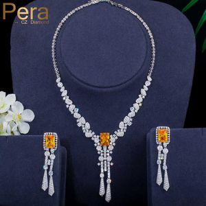 Pera oregelbunden CZ Champagne Square Long Tassel Dangling Drop Halsband och örhänge Bröllop Förlovning Smycken Set för Brides J298 H1022