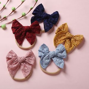 2021 Baby Headband Soft Bomull Linen Nylon Headbands Söt Broderad Elastic Hairband Bows Barn Barn Mode Hår Tillbehör