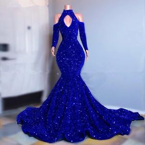 Sparkly Royal Blue Sequined Prom Dresses With Long Sleeves Plus Size High Neck Mermaid Evening Gowns Sexy Off The Shoulder Arabic Aso Ebi Women Formal Dress AL8658
