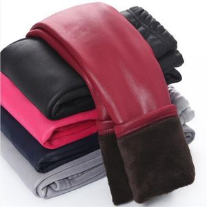 Kinder dicke Pu-Hosen elastische Taille warme Leder Leggings Strumpfhosen für Mädchen Hosen Winter Baby Kleidung 210625