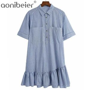 Za Blue Striped Ruffle Mini Women Short Sleeve Button Up Casual Retro Dresses Woman Patch Pockets Vestidos 210604