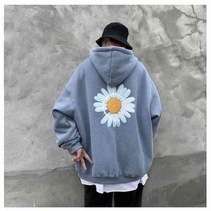 Little daisy printed hoodie autumn and winter Korean loose hooded jacket plus velvet thickening couple trend top 210809