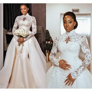 Sexy Vintage Lace Wedding Dress Custom Made Mermaid Lace Bridal Gown Detachable Train Long Sleeve African Robe
