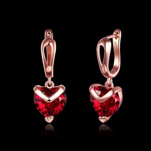 Wholesale Dangle & Chandelier 18K Rose Gold Plated Red Zircon Heart Drop Earrings Woman Fashion Party Jewelry Wedding Gifts