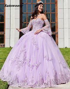 Lavender Lace Beaded Ball Gown Quinceanera Dresses Sweetheart Neck Tulle Appliqued Prom Gowns With Wrap Sweep Train Sweety 15301I