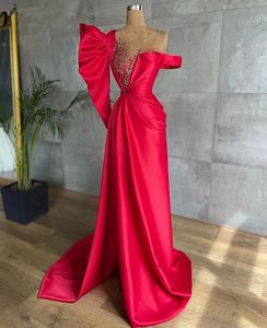 Mermaid Elegant Red Satin Prom Dresses Off Shoulder Front Split Lace Beaded Plus Size Formal Evening Ocn Gowns Vestidos De Novia