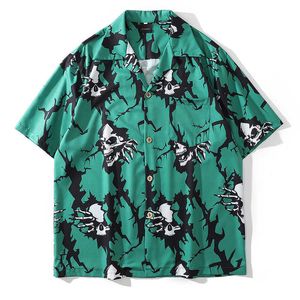 Crânios Imprimir Hip Hop Camisas Para Homens Verão Camisa de Praia Oversized Button Up Streetwear Japonês Fashion Harajuku Hawaiian 210721