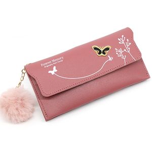 Fashionable New Women Long Wallets Pure Color Wool Ball Bow Clutch Card Bag Coin Purse