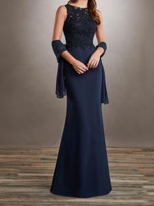 Dark Navy Mother of the Bride Dresses with Wrap Mermaid Floor Length Mother's Dress Chiffon and Lace