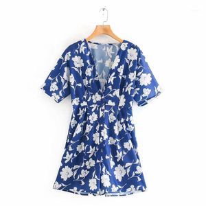 Kvinnors Jumpsuits Rompers Overells Kvinnor Sommar Kort Romper Ladies Blue Print Kvinnor Sexig Playsuit Sleeve V Hals Streetwear