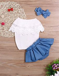 Newborn Baby Girl Outfit Lace Ruffled Top+Demin Shorts Dress+Headband Clothes New Summer Sleeveless Baby Clothes Outfits 1537 B3
