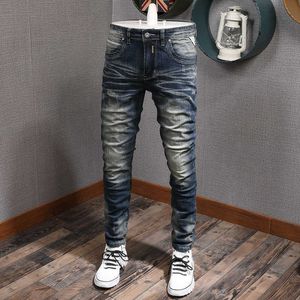 Italienische Mode Herren Jeans Retro Blau Elastisch Baumwolle Slim Fit Zerrissen für Streetwear Vintage Designer Denim Hosen