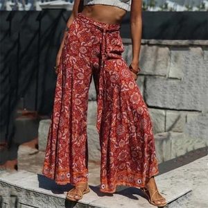 Bohemian Laranja Totem Flower Imprimir Largo Perna Calças Etnica Mulher Elástica Cintura Elástica Curros Completo Calças Femme Casual 211115