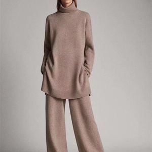 Luxury Two Pieces 45% Cashmere + 30% Wool Suits Female Turtleneck Warm Mink Knit Tops Wide Leg Pant Sets F688 211106