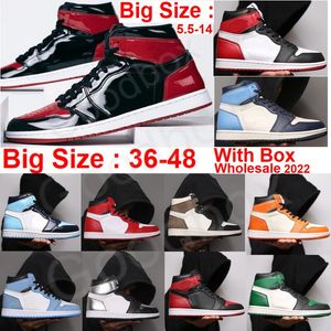 Big Size 36 - 48 Scarpe da basket 1 Bred Patent 1s Bianco University Blue Satin Punta nera Argento Mid Banned DARK MOCHA Uomo Donna Sneakers Pine Green Con scatola OG Twist