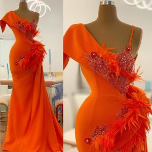 Chic Orange Beads Evening Dress Feather One Shouler Sweet 15 16 Mermaid Prom Dress Birthday Gowns