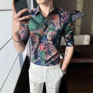 Summer Printed Shirts Men Short Sleeve Slim Fit Street Wear Shirts Social Party Nightclub Blouse Male Clothing Chemise Homme 210527
