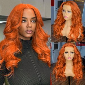 Ginger Orange Body Wave Lace Przód Ludzki Włosy Peruka z Babyhair 13x4 Faliste Peruki syntetyczne Bielone Włóknowie Dla Kobiet