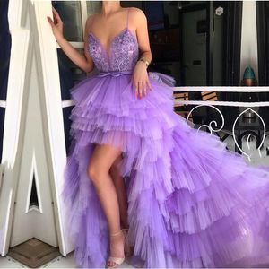 Sexy rückenfreie lila High-Low-Abendkleider mit Spaghettiträgern, abgestufter Tüll, A-Linie, besondere Anlässe, Ballkleider für Party, Abschlussfeier, Vestido de Festa 2022