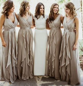 Grey Bridesmaid Dresses A Line Chiffon Designer V Neck Ruffles Ribbon Sash Floor Length Custom Made Maid Of Honor Gown Beach Wedding Party Formal Wear 403