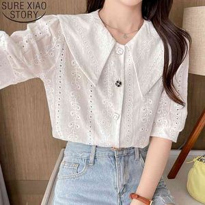 Summer White Blouse Women Korean Fashion Doll Collar Sweet Tops Solid Color Short-sleeved Embroidered Shirt 14377 210527