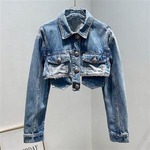 2021 весенне-осеннее женское корейское модное джинсовое пальто с дикими декоративными пуговицами и двойным карманом, короткая однобортная джинсовая куртка Y378