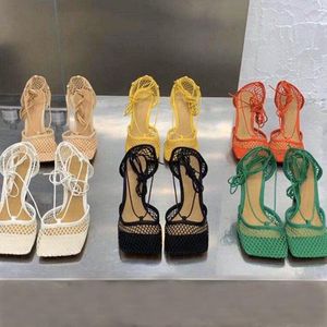 Frauen High Heel Kleid Schuhe Mode Damen Mesh Karree Sandale Designer Frau Büro Party Schuh mit Box