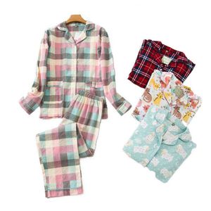 Vestaglie per le donne Stile Ladies Flanella Cotone Pantaloni a maniche lunghe Home Suit Autunno Inverno Plaid Pigiama coreano 211109