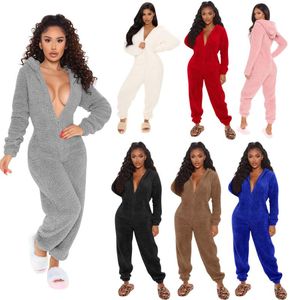 Women Warm Plush Fluffy Casual One Piece Overalls Deep V Neck Long Sleeve Hooded Jumpsuits Autumn Winter Loose Home Outifts