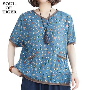 Women's Blouses & Shirts SOUL OF TIGER 2021 Fashion Chinese Style Ladies Summer Short Sleeve Womens Floral Printed Femlae Cotton Tops