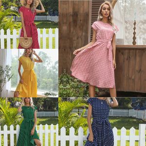 2021 neue Sommer Polka Dots Ärmellose Plissee Kleider Für Frauen Hohe Taille Midi Elegante Büro Grün Dame Dinner-Party Kleidung x0705