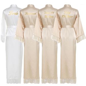 Women's Sleepwear Silk Satin Robe Lace Robes White Bridesmaid Bride Women Wedding Long Bathrobe