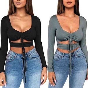 Solid Color Sexy Women Ruched Tie Up Crop Top Basic Long Sleeve Cut Out T-Shirt G220228