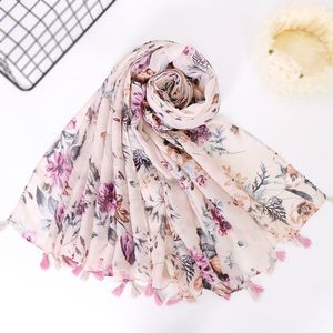 Tassels Hijab Scarf Printe Цветочные шали Мусульманские шарфы вискозные обертывания Мода Большой исламский оголовье Длинные шарфы Пашмина