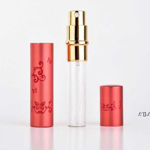 Fashion 8ml Mini Tragbares farbenfrohe exquisite Glas -Parfümflasche mit Schmetterlingsblume Aluminium -Röhrchen Spray rre12428