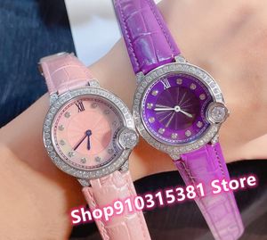 Classic Women Purple Leather Round Diamond Watches Stainless Steel Geometric Quartz Wristwatch Female Roman Number Clock 33mm