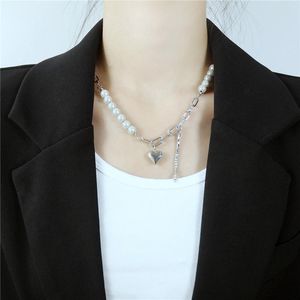 Künstlicher Pearl-Set. großhandel-Anhänger Halsketten Herz Edelstahl Farbe Künstliche Perle Halskette Für Frauen Set Zirkon Korean Modeschmuck auf dem Hals