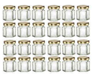 Bulk 24pcs 1,5 Unzen 45 ml Mini -Hexagon -Gläser mit Gold /Silber /Schwarzen Deckel, für Marmelade, Honig, Süßigkeiten, Gewürzmarmelade